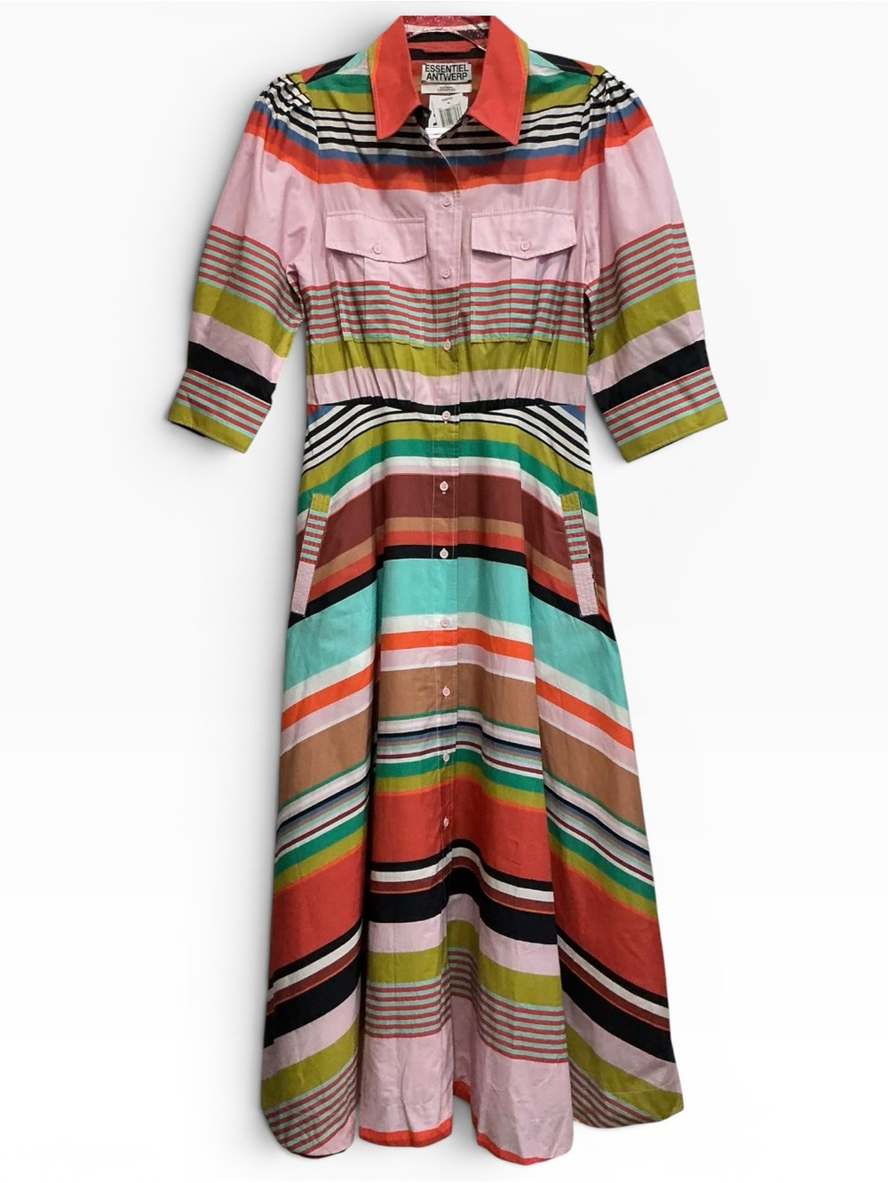 NWT ESSENTIEL ANTWERP Hiced Colorful Striped Cotton Midi Shirt Dress 34 / XS